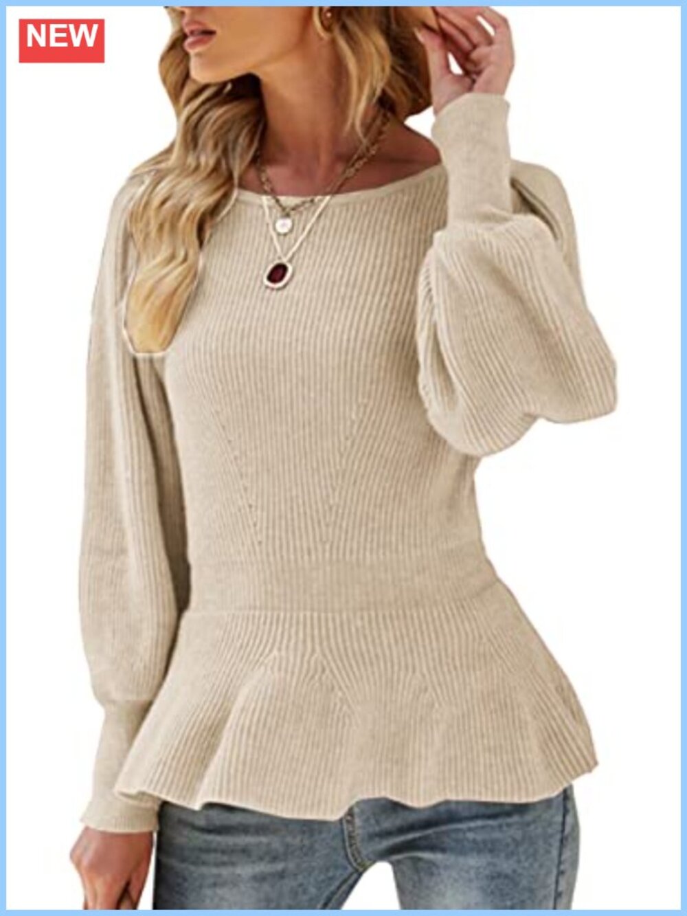 Puff Sleeve Peplum Babydoll Knit Pullover Sweater Top